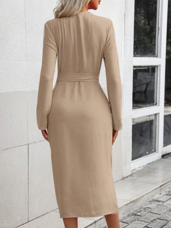 Solid color lapel waist tie slit shirt dress - Image 10