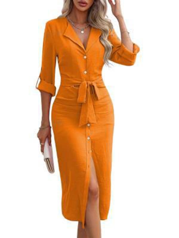 Solid color lapel waist tie slit shirt dress - Image 8
