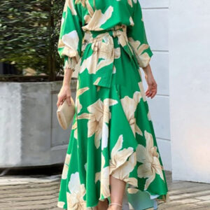 Women's temperament elegant commuter print lantern sleeve dress