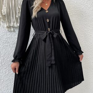 Women's casual long-sleeved pleated dresses