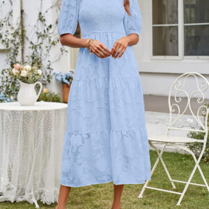 Women's Solid Color Jacquard Chiffon Round Neck Pleated Dress