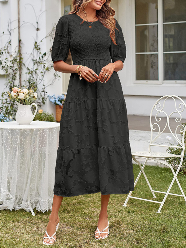 Women's Solid Color Jacquard Chiffon Round Neck Pleated Dress - Image 17