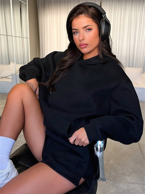 Women's new fashion loose solid color sweatshirt shorts set - Image 13