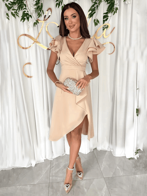 New Summer Commuting Solid Color V-Neck Waist Ruffle Sleeve Fashion Dress - Image 3