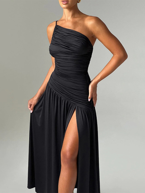 Strapless off-shoulder gathered slit A-line dress - Image 6