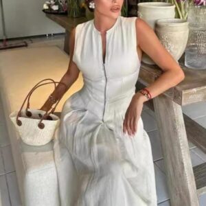 New Sleeveless V-neck Casual Temperament Commuter Waist Zipper Neck Dress