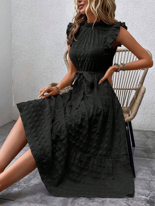 New Fashion Ruffled Flying Sleeve Lace-up Textured Dress - Image 2