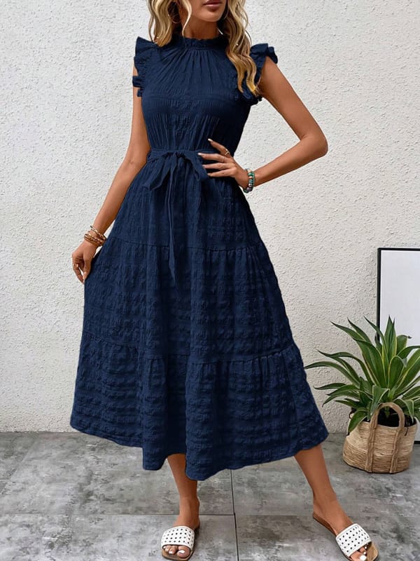 New Fashion Ruffled Flying Sleeve Lace-up Textured Dress - Image 4