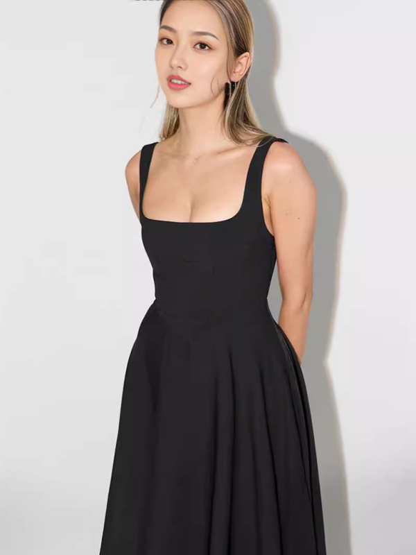 New Simple Sexy Solid Color Strap Midi Dress - Image 15