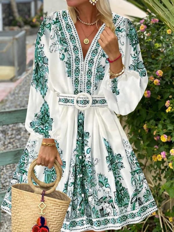 Women's Fashion V Neck Long Sleeve Bohemian Print Dress - Image 4