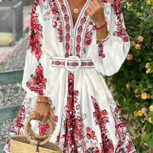 Women's Fashion V Neck Long Sleeve Bohemian Print Dress