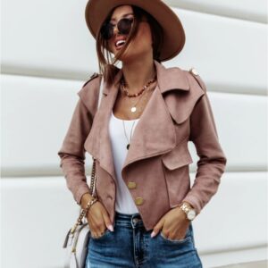 Women's long sleeve lapel buckskin velvet button down jacket