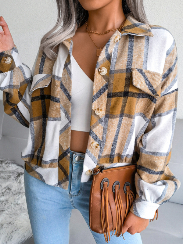 Women's Plaid lantern long sleeve woolen coat - Image 5