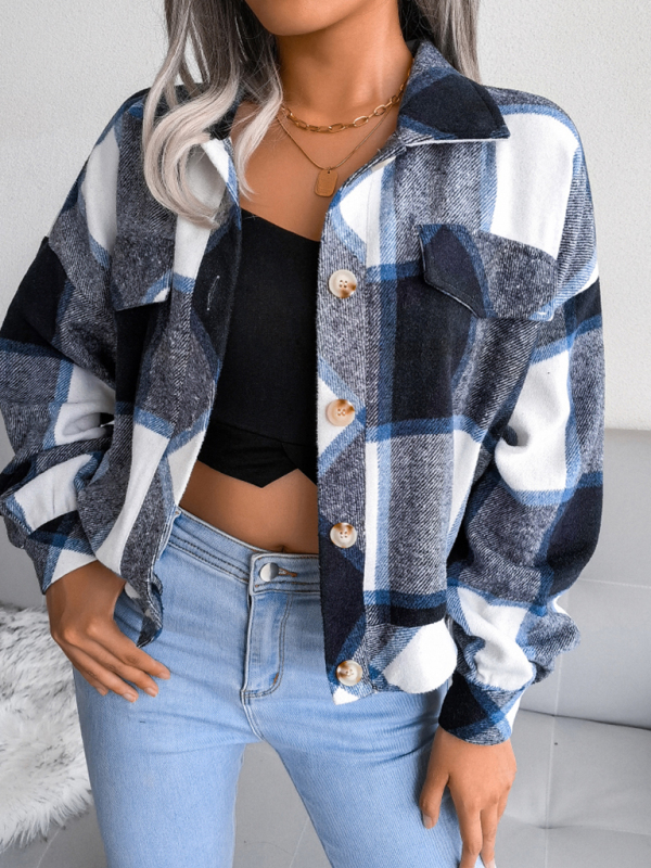 Women's Plaid lantern long sleeve woolen coat - Image 2