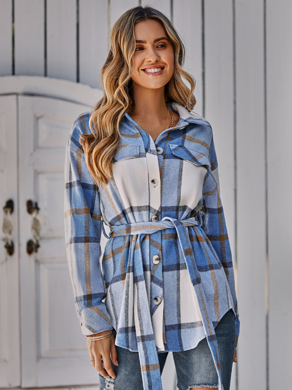 Women's single breasted casual plaid belt jacket - Image 7