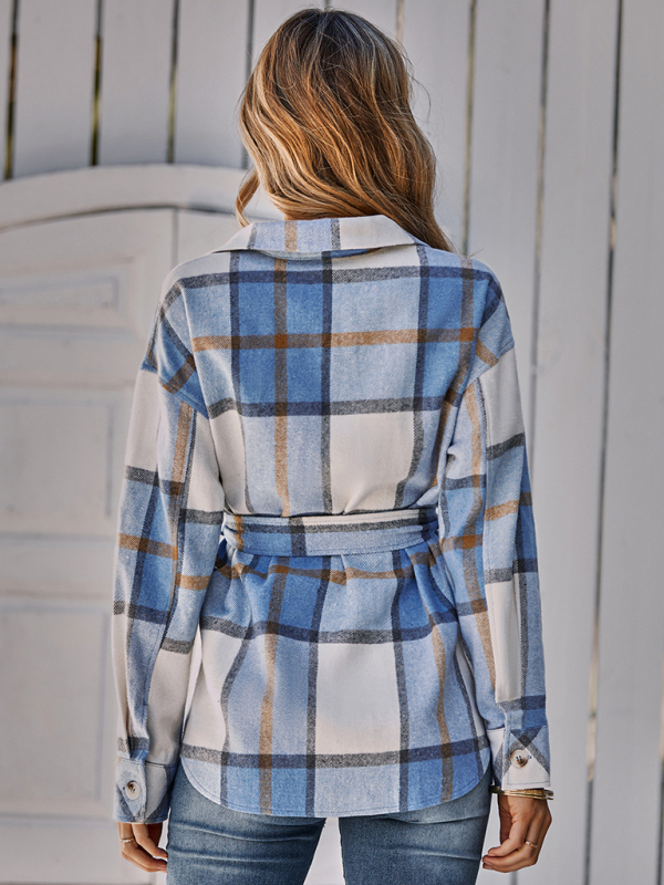 Women's single breasted casual plaid belt jacket - Image 6