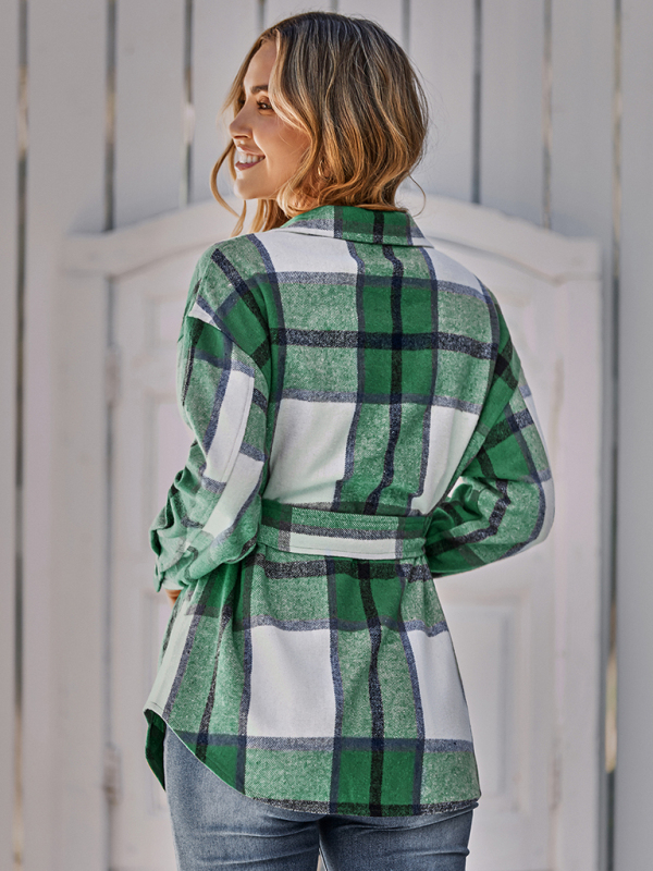 Women's single breasted casual plaid belt jacket - Image 14