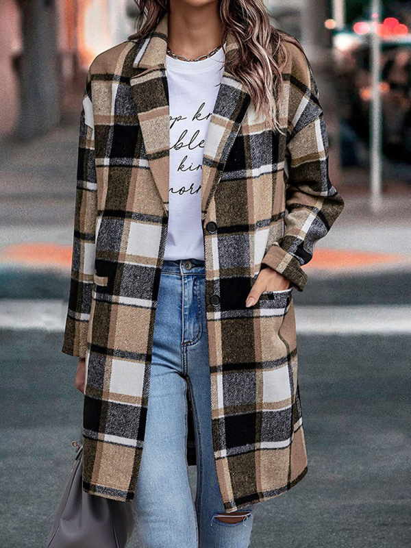 Autumn and winter new women's lapel pocket plaid wool coat - Image 5