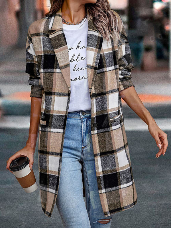 Autumn and winter new women's lapel pocket plaid wool coat - Image 7