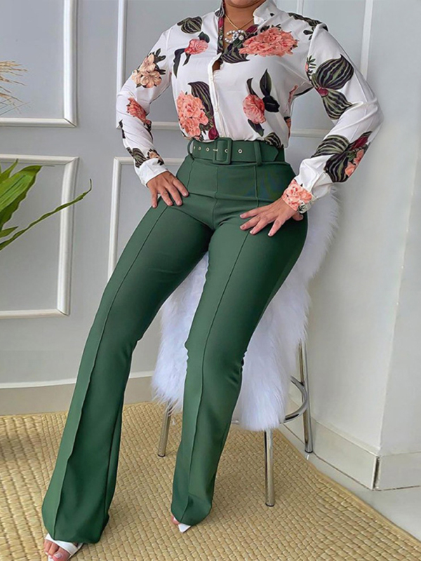 Set printed long-sleeved shirt top wide-leg pants two-piece set - Image 10