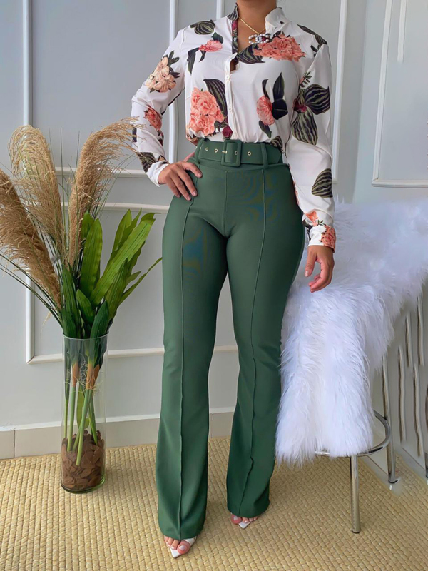Set printed long-sleeved shirt top wide-leg pants two-piece set - Image 8