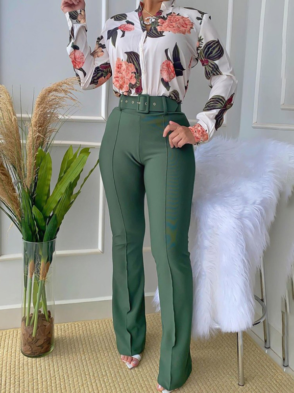 Set printed long-sleeved shirt top wide-leg pants two-piece set - Image 9