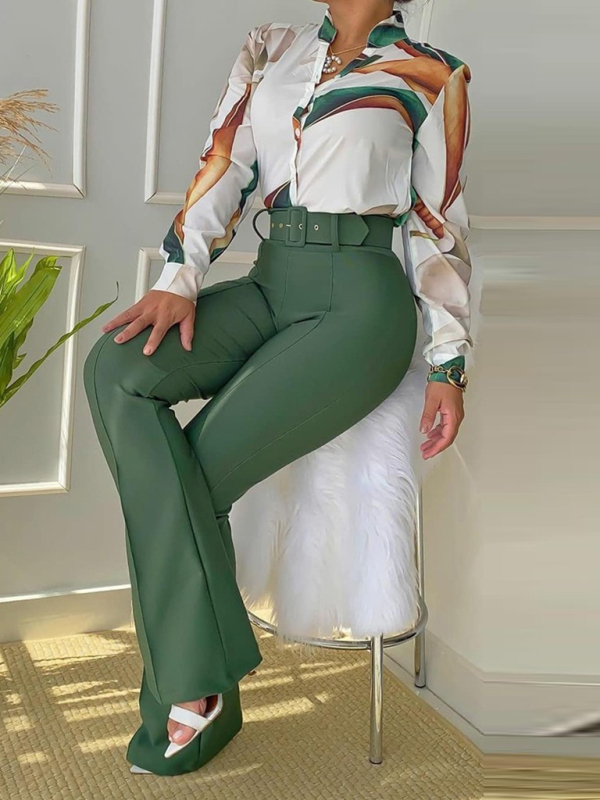 Set printed long-sleeved shirt top wide-leg pants two-piece set - Image 11