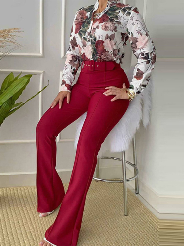 Set printed long-sleeved shirt top wide-leg pants two-piece set - Image 7
