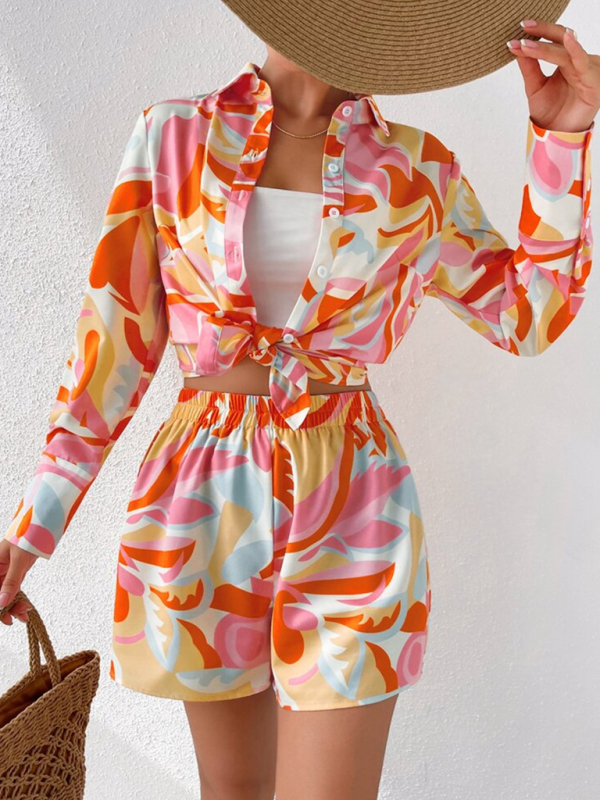 Women's printed casual long-sleeved shirt + shorts two-piece suit - Image 4