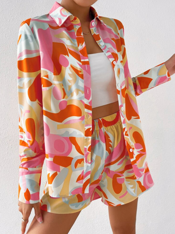 Women's printed casual long-sleeved shirt + shorts two-piece suit - Image 2