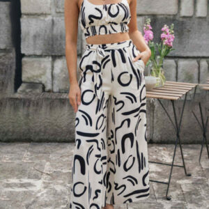 Women's printed sleeveless suspender top + long wide-leg pants two-piece set