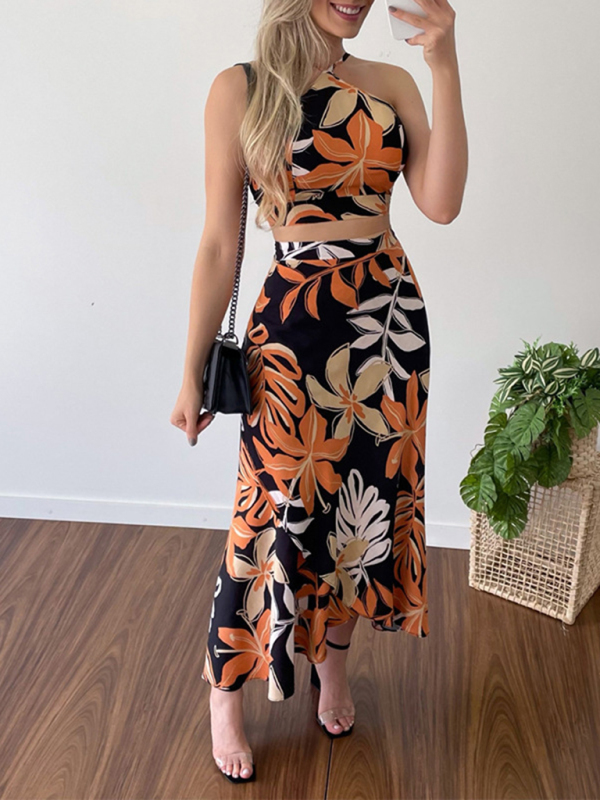 Women's Printed Short Tether Tank Top High Waist Skirt Two-Piece Set - Image 5