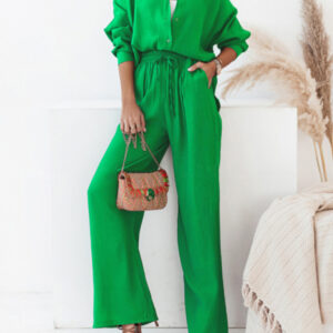 Women's loose solid color long-sleeved shirt casual trousers two-piece set