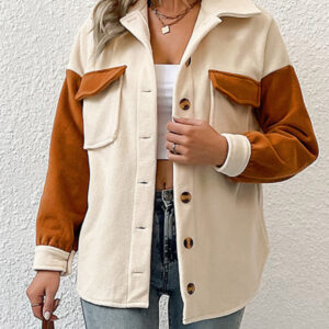 Women's fashion lapel color-block long-sleeved polar fleece jacket