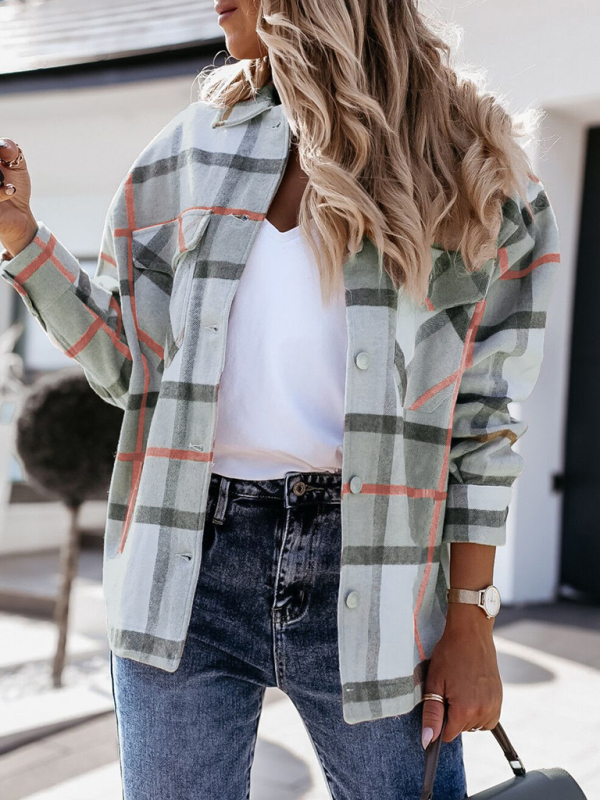 Women's autumn and winter long-sleeved loose wool plaid shirt coat - Image 3