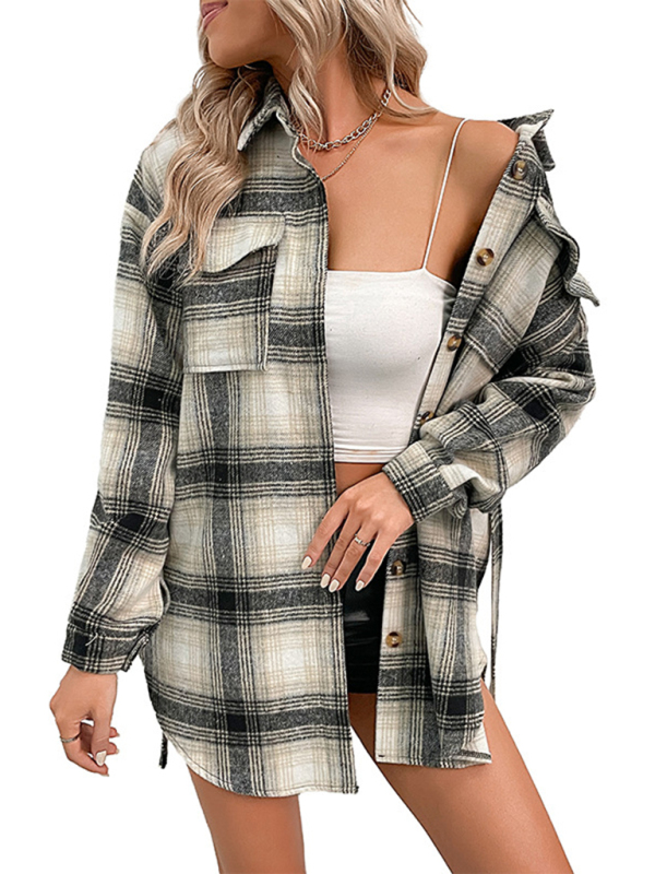 New Ladies Casual Long Plaid Shirt Jacket - Image 3