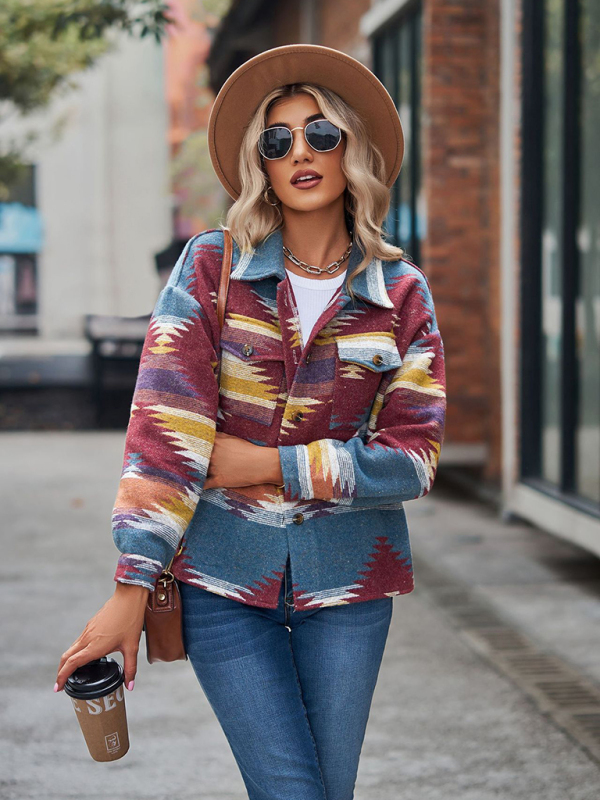 New geometric pattern short loose lapel pocket buttons women's woolen coat