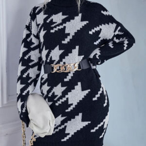 Women's turtleneck loose long sleeve houndstooth sweater dress