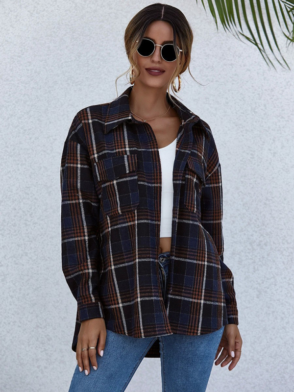 Loose casual single-breasted shirt with lapel plaid pockets - Image 9