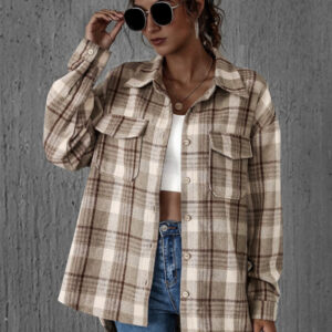 Loose casual single-breasted shirt with lapel plaid pockets