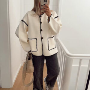 Women's New Fashion Button Round Neck Loose Color Block Knitted Jacket