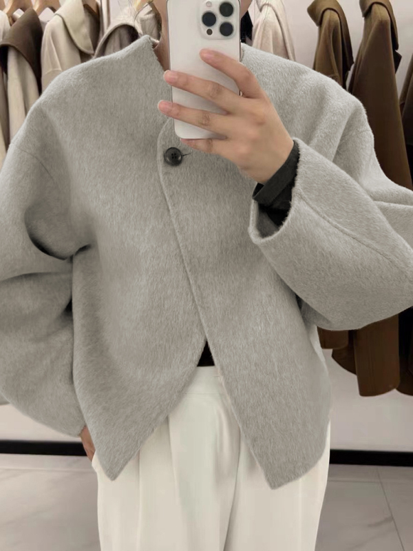 Women's short double-sided cashmere coat with scarf - Image 6