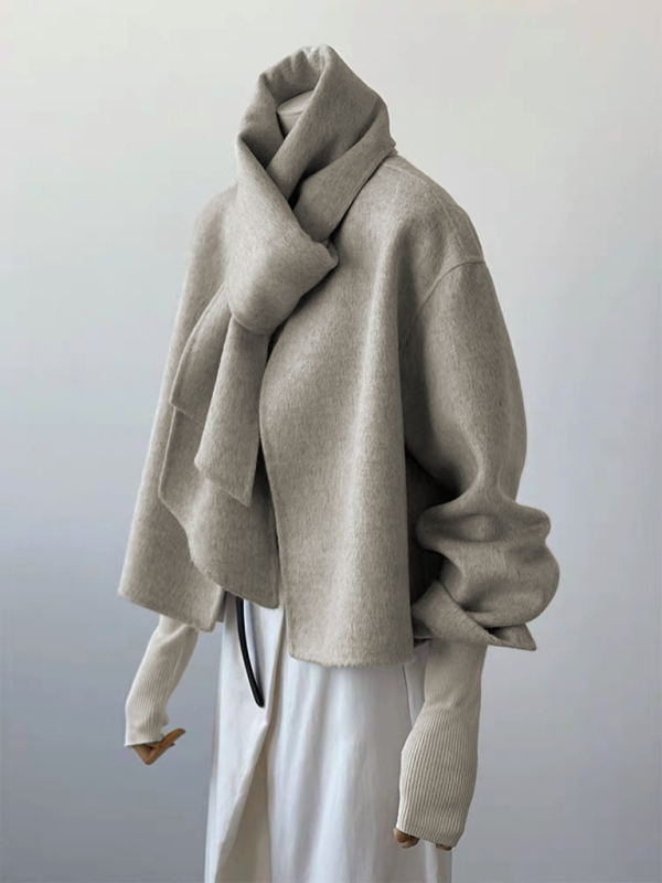 Women's short double-sided cashmere coat with scarf - Image 7