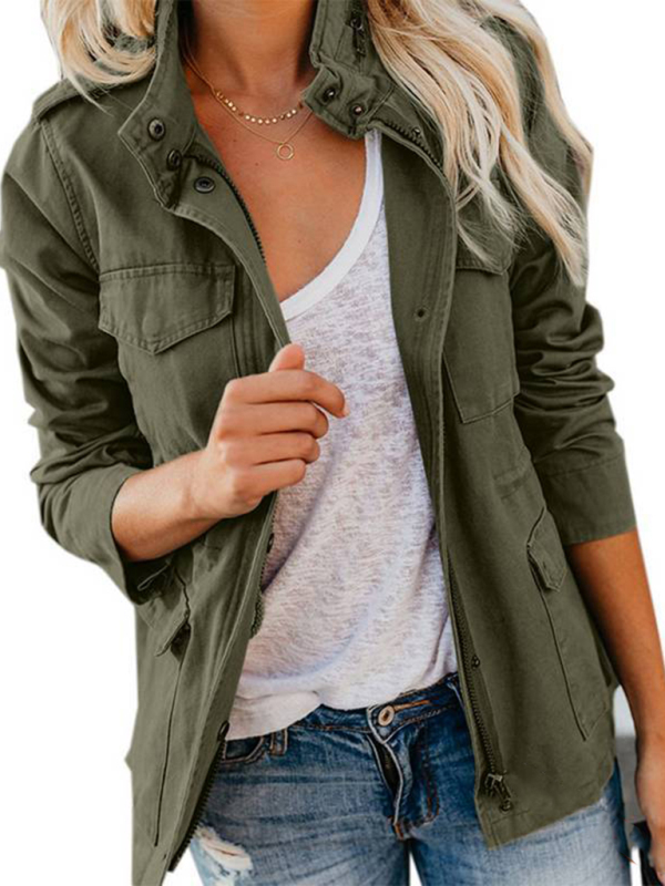 Slim fashion trendy solid color loose zippered multi-pocket jacket women's coat - Image 5