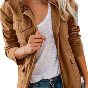 Slim fashion trendy solid color loose zippered multi-pocket jacket women's coat