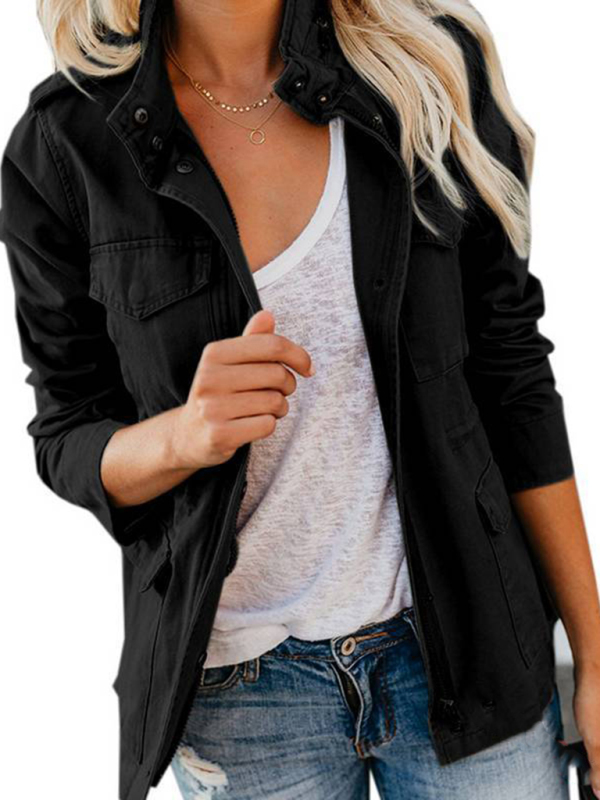 Slim fashion trendy solid color loose zippered multi-pocket jacket women's coat - Image 10