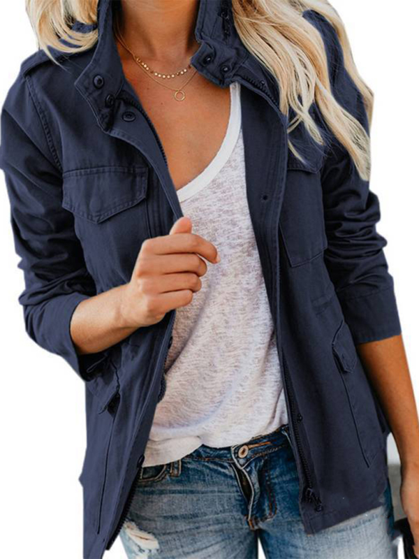 Slim fashion trendy solid color loose zippered multi-pocket jacket women's coat - Image 9