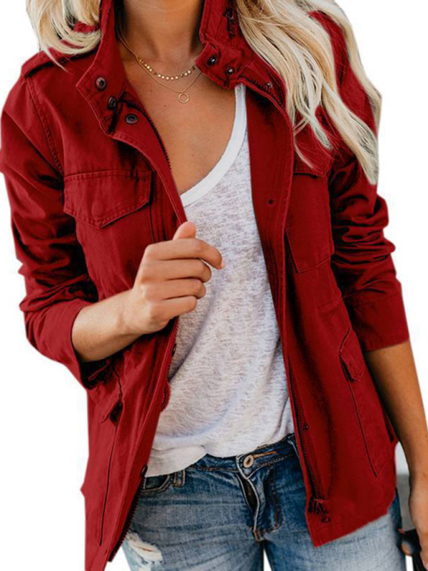 Slim fashion trendy solid color loose zippered multi-pocket jacket women's coat - Image 7