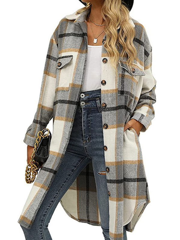 New long plaid lapel buttoned wool casual windbreaker jacket - Image 2