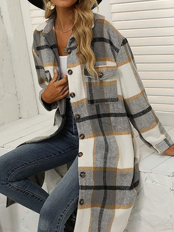 New long plaid lapel buttoned wool casual windbreaker jacket - Image 5
